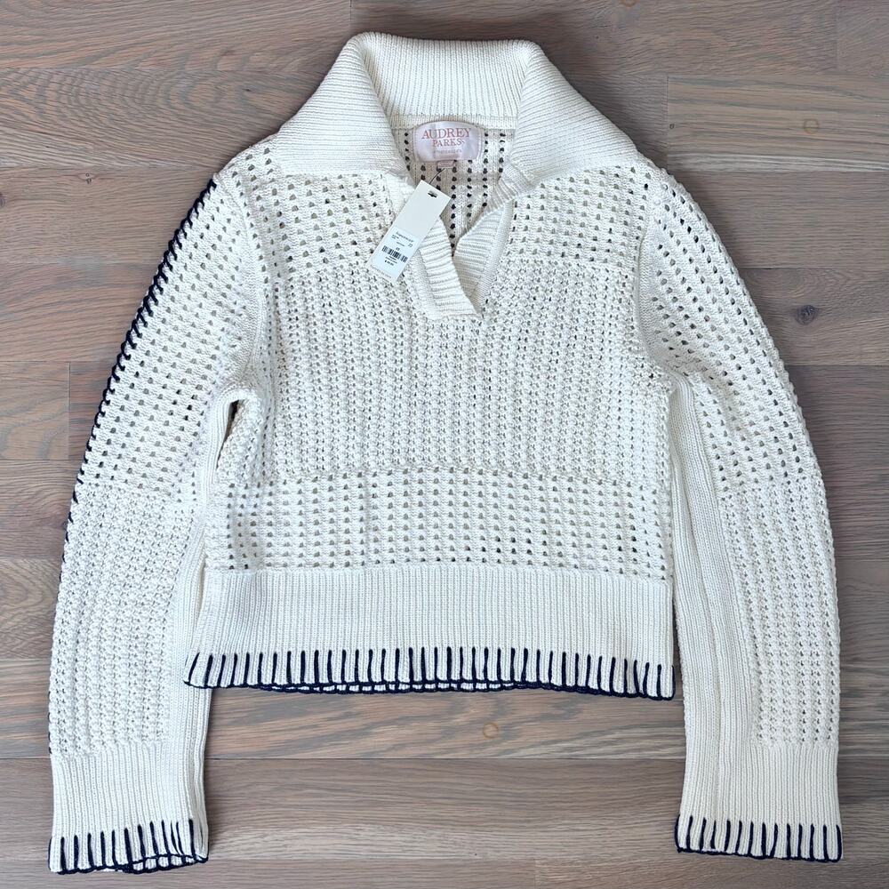 NWT Francesca’s Audrey Parks Crochet Stitch Sweater Collared Pullover Women XS - Picture 2 of 7